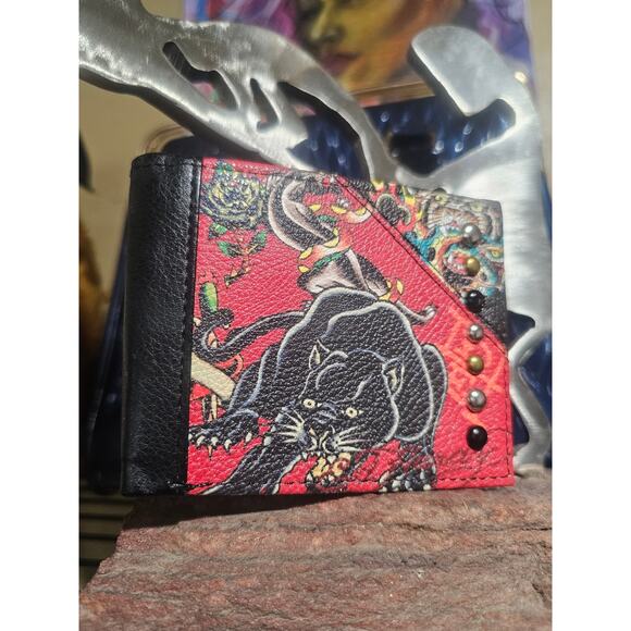 Ed Hardy Y2K Metal Stud Printed Bifold Deadstock Wallet- Red/Black - Picture 1 of 6